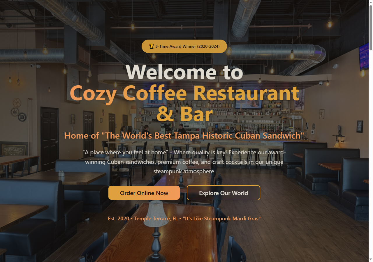 Cozy Coffee restaurant template — amber and charcoal, steampunk aesthetic