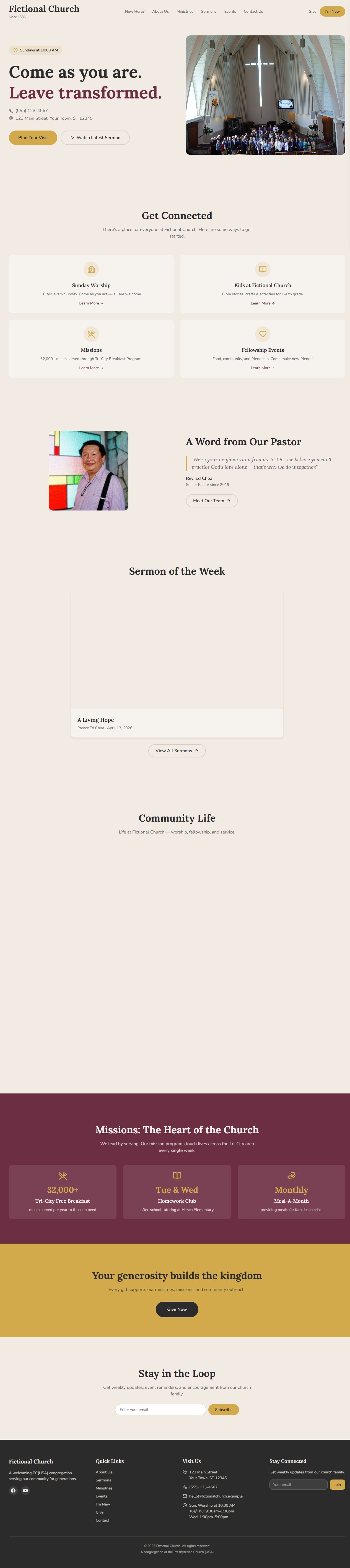 Sanctuary template — warm peach, burgundy accent, sanctuary photography