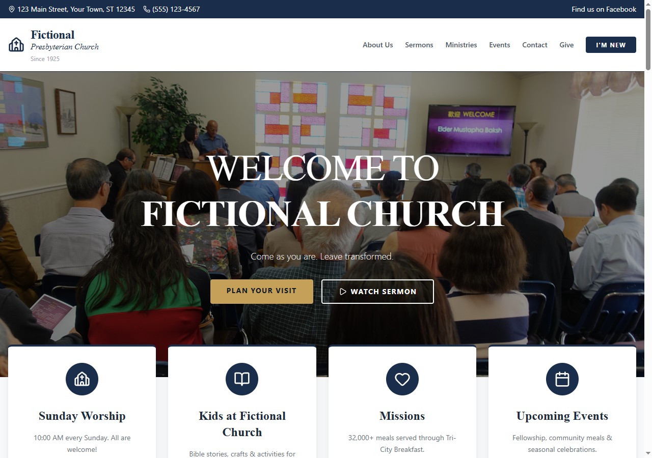 Welcoming Community template — navy and white, full-width congregation photo, 4 icon cards